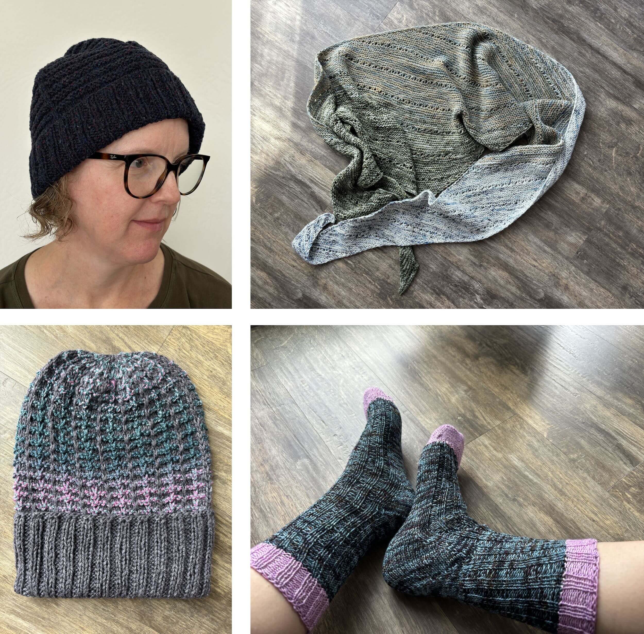 Four photos arranged, one of a woman with glasses with a navy knit hat on, another of a hat on a floor that is gray with colorful pink and blue in the pattern, another of a shawl lying on the floor in greens and blues and whites and a pair of socks on feet, the socks are blue variegated yarn and pink toes and cuffs.